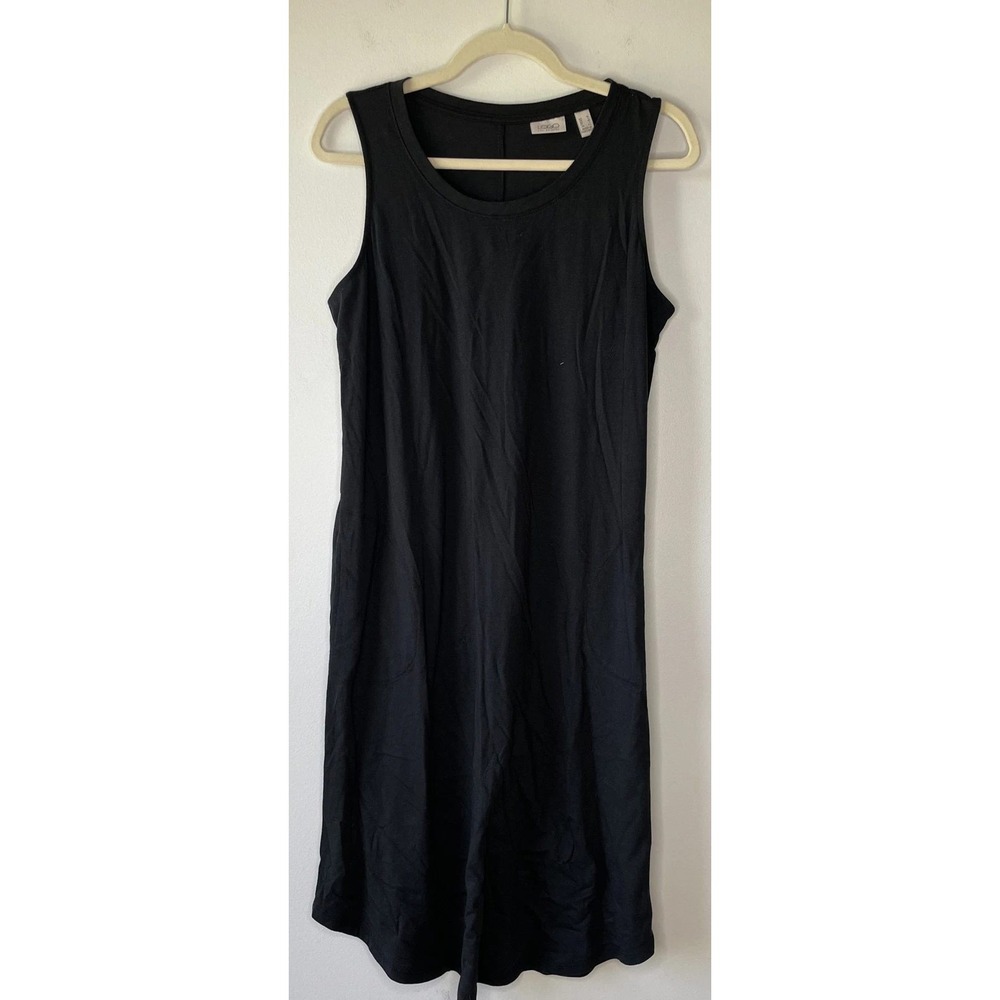 LOGO Lori Goldstein Dress Womens M Black Sleeveless Pockets Midi Mica Basic LBD